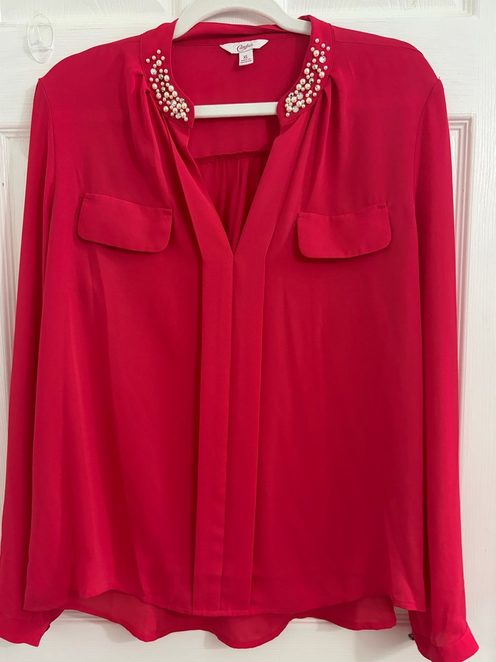 Candie's Red Pearl-Embellished Chiffon Blouse. Pinkish Red color. Size XL